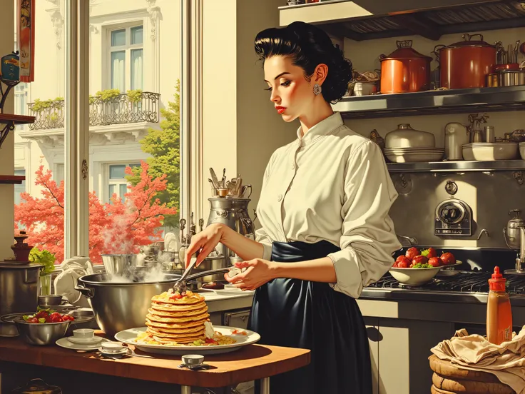 Watercolor and ink art style, hyperdetailed realism,
A beautiful woman is cooking pancakes in a professional kitchen.
The woman has an impeccable and neat look, sophisticated updo that accentuates her elegant features, soft and comforting expression. She ...