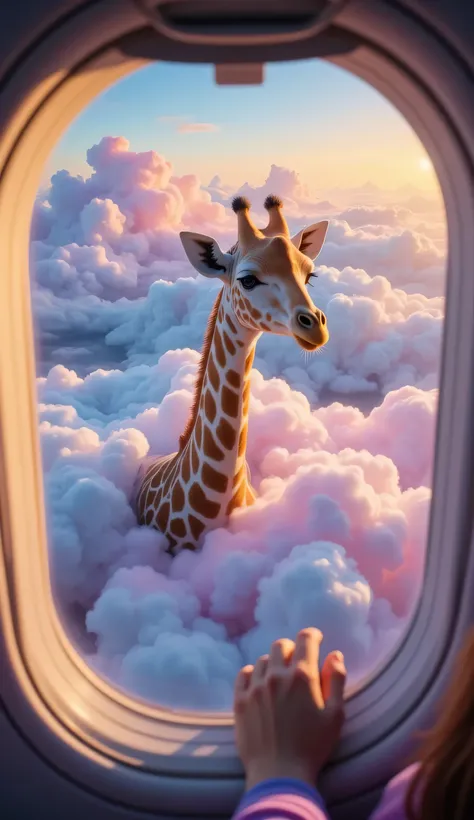 whimsical and cinematic scene captured through the round window of an airplane flying at high altitude, offering a breathtaking view of fluffy, multicolored clouds. The clouds stretch endlessly in every direction, their soft, cotton-candy textures glowing ...