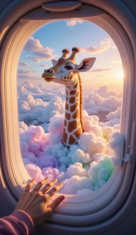 whimsical and cinematic scene captured through the round window of an airplane flying at high altitude, offering a breathtaking view of fluffy, multicolored clouds. The clouds stretch endlessly in every direction, their soft, cotton-candy textures glowing ...