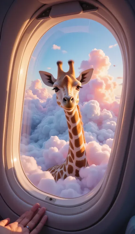 whimsical and cinematic scene captured through the round window of an airplane flying at high altitude, offering a breathtaking view of fluffy, multicolored clouds. The clouds stretch endlessly in every direction, their soft, cotton-candy textures glowing ...