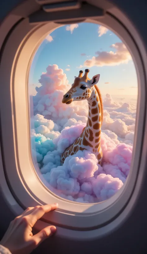 whimsical and cinematic scene captured through the round window of an airplane flying at high altitude, offering a breathtaking view of fluffy, multicolored clouds. The clouds stretch endlessly in every direction, their soft, cotton-candy textures glowing ...
