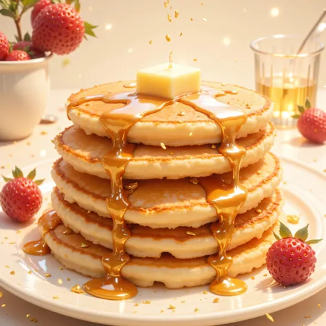 masterpiece, best quality, masterpiece, masterpiece, best quality, ultra detailed, delicious pancakes with tremendous mass,Golden-brown butter