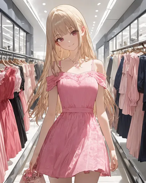 (pale tone)、Girl choosing clothes in boutiques、((Inside the fashion building:1.3))、High-end store、Brand Store、masterpiece, anatomically correct, accurate, has won many awards, highest quality, Details, High details, (((pink spring dress)))、(masterpiece, to...