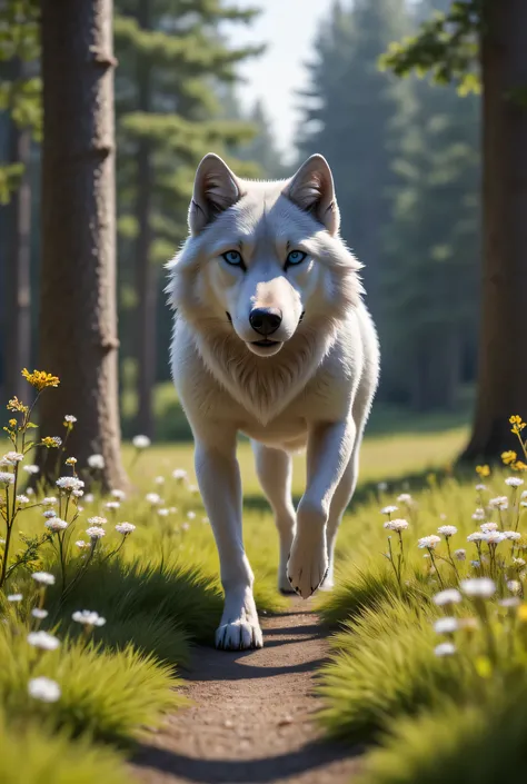  (masterpiece), best quality, 1wolf,  realistic, highly detailed, shallow depth of field, sharp focus, hyperrealism, cinematic lighting, photorealistic style, 8k solution, a large grey is walking down a forest path, forest floor covered with green grass an...