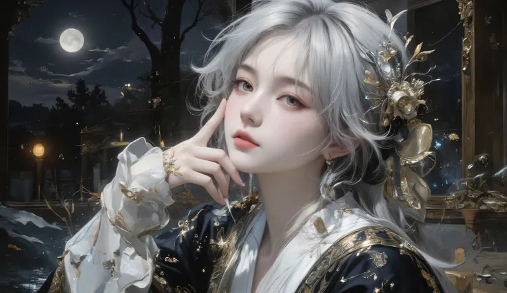 Get ready to immerse yourself in the enchanting world of Renaissance Slavic portraits , visible brushstrokes 、Bringing life to an impressive depiction of a young woman with silver hair and a constellation-patterned robe 。. while watching the surrounding...