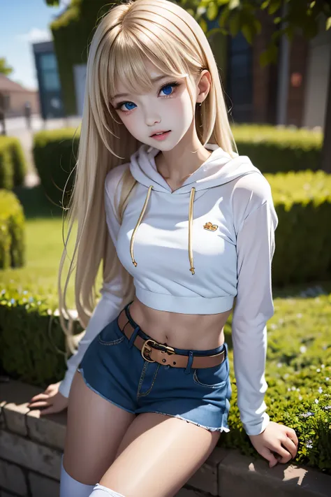 masterpiece,best quality,very detailed,photorealistic,realistic, Ultra High Resolution, Masterpiece,pretty girl,elegant,Age 15,very long blonde,skinny,Completely,slender,(smaller breasts),so cute,hoodie,hotpants,belt,over the knee socks,garden,squirt, corr...