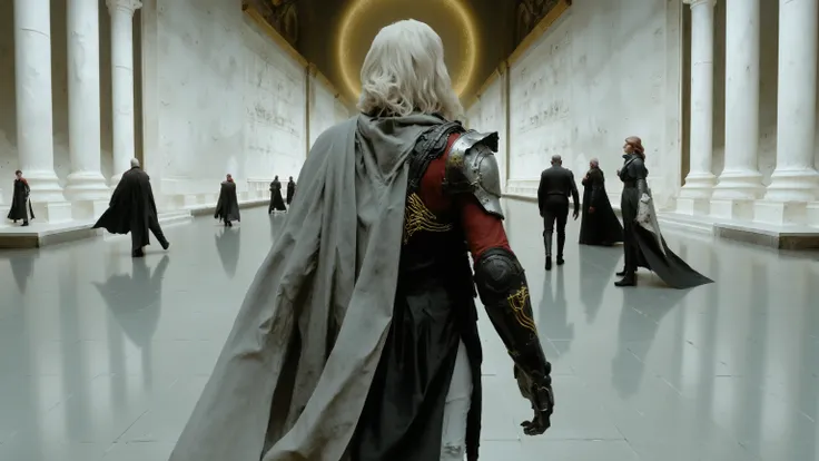A woman in a black leather coat wears a long white cape,Cloak mop,People in the middle,with their backs to the camera,full body photo,The inside of the cape is red,Walking along the silver-white promenade,has a gold circuit texture on the chest,There are b...