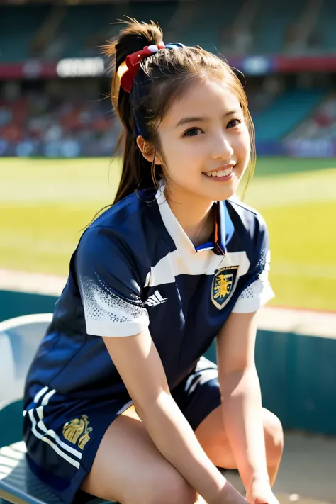 １８Cute,cheer by wearing a Japanese national team from Samurai Blue　soccer uniform,Cheering at the stadium,The expression on the face is cute,dome soccer stadium spectator seats,Sports phハイクオリティ,4K,8k,high resolution,Masterpiece,Super Detail,real,picturesのよ...