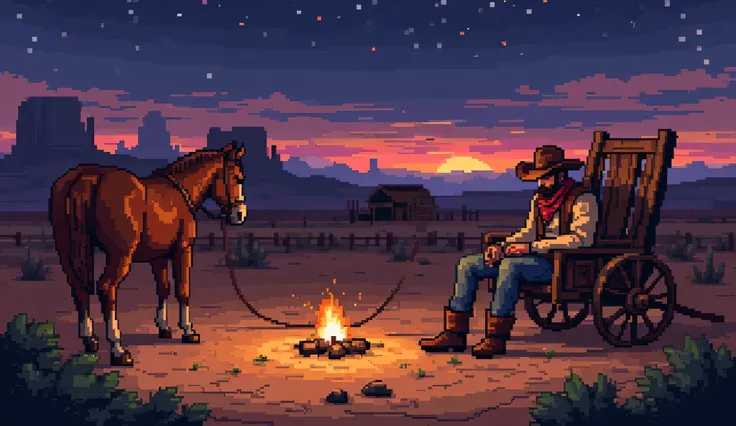 A lone cowboy sits slouched against a weathered fence post, his wide-brimmed hat pulled low, hiding his face. His dusty duster drapes over his shoulders, boots crossed at the ankles. One hand rests on his knee, the other loosely gripping a worn revolver. A...