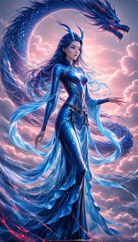 Ultra-detailed 8K resolution, A Chinese immortal deity standing majestically on swirling clouds, long flowing blue hair with cyan highlights, intricate blue dragon-shaped armor with metallic luster and engraved scales in traditional ink painting style, glo...