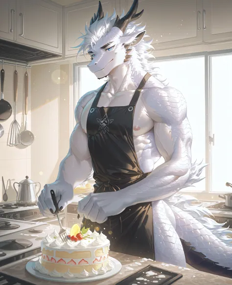 sfw,masterpiece,UHD,solo,highres,best quality,anatomically correct,furry male,(eastern_dragon),collarbone,(white body:1.1,scales),white mane,black dragon horn,antler:0.75,short hair,black eyebrow,(detailed eyes, ice_blue eyes,detailed pupils,beautiful eyes...