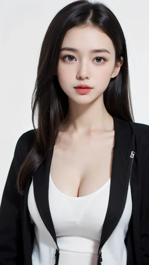 (((forehead、Northern Europe、White people、beautiful girl、Black Hair、White background、open jacket、lender)))、table top, highest quality, figure, super detailed, finely, High resolution, 8k wallpaper, Perfect dynamic composition, detailed and beautiful eyes, D...