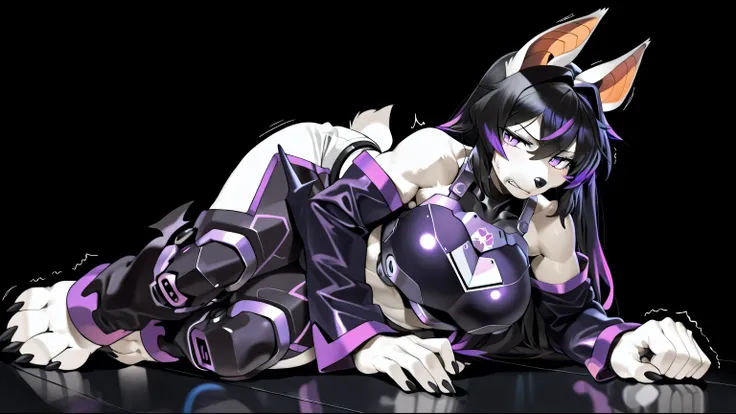 masterpiece, best quality, anime shading, full body picture, athletic body type, centered, three quarter view, 1girl, ((single view)), ((alone)), anthro, furry, fox female, ((white fox)), ((bat ears:1.5)), purple eyes, white fur, white skin, ((shoulder len...