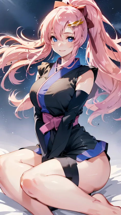 One Girl, alone, Lake 3, Pink Hair, Short kimono, blue eyes, hair ornaments, Very long hair, Black sleeves, Sleeveless, kimono, bow, Black kimono, hair bow, ponytail, Floating Hair, Hair between the eyes, Big Breasts, Sitting, Sheet, Spaceship, smile, Und...