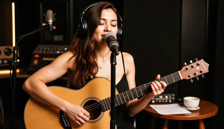 A young woman with long, wavy brown hair and fair skin, She wears a delicate spaghetti strap black dress, sitting in a professional recording studio, playing an acoustic guitar and singing with deep emotion. She wears high-quality studio headphones, her fi...