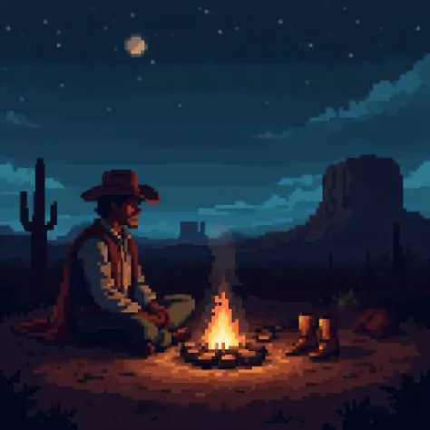 "A cozy, serene pixel-art scene of a cowboy’s silhouette sitting peacefully by a crackling campfire under a starry desert sky. The cowboy’s wide-brimmed hat is tilted low, casting a shadow over his face, creating a sense of mystery and tranquility. He’s si...
