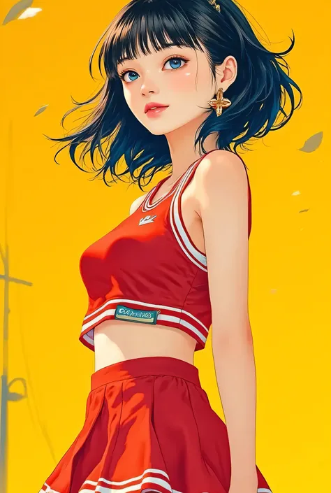 face looking back、smile、Very beautiful Korean girl、(age:1.1),  black hair( Detailed Hair Quality  :1.2), (accessory:1.1), Blue eye(eye:1.3), ( active pose :1.2), (girl body type:1.1), short cheerleader-style skirt(Detailed Clothes:1.2) 、Full body Sbien、pro...