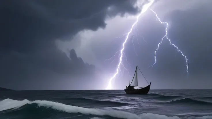 A dramatic nighttime scene over the Sea of Galilee with stormy waves and strong winds. In the center, Jesus, dressed in a flowing white robe, walks calmly on the water with a radiant glow around Him. His expression is peaceful and full of authority. In the...