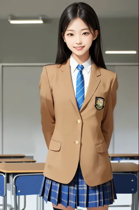 masterpiece, best quality, absurdres, perfect anatomy, realistic, 1girl, solo, high school student ,black hair,medium hair, school uniform, camel blazer,buttoned blazer, blue striped tie, blue checked plaid skirt, thigh,standing, hands at side ,school cla...
