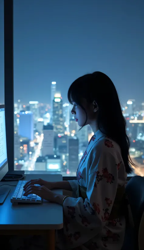 Beautiful Japanese woman sitting by the window and hitting the computer。Outside the window is a night city。
