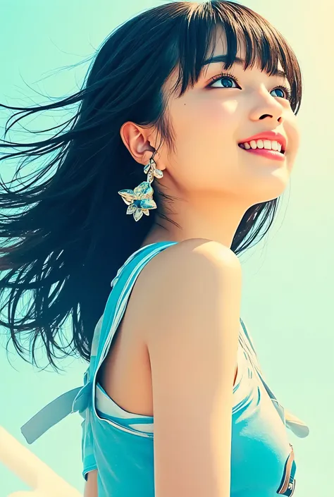 face looking up、angle from above、smile、Very beautiful Korean girl、(age:1.1),  black hair( Detailed Hair Quality  :1.2), (accessory:1.1), Blue eye(eye:1.3), ( active pose :1.2), (girl body type:1.1), short cheerleader-style skirt(Detailed Clothes:1.2) 、Full...