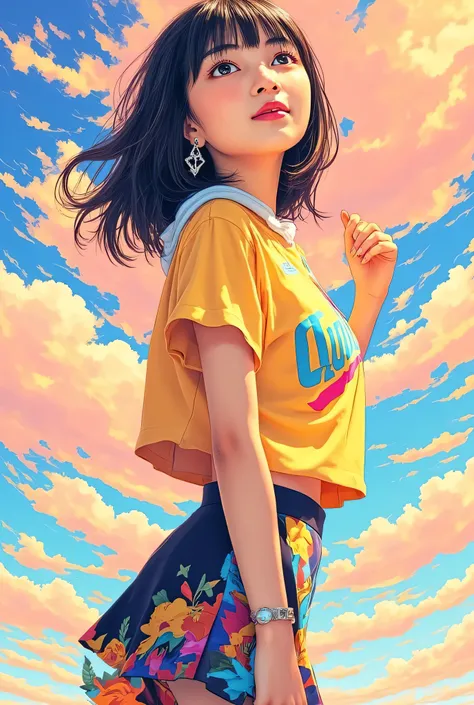face looking up、angle from above、smile、Very beautiful Korean girl、(age:1.1),  black hair( Detailed Hair Quality  :1.2), (accessory:1.1), Blue eye(eye:1.3), ( active pose :1.2), (girl body type:1.1), short cheerleader-style skirt(Detailed Clothes:1.2) 、Full...