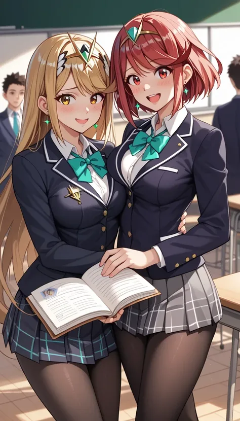 score_9, score_8_up, score_7_up, source_anime、top quality、8k、 masterpiece、ultra high definition、 natural light、perfect anatomy、 perfect eye、beautiful eyes、((((two women))))、medium breasts、saggy breasts:1.2、mythra, blonde very long hair, Pyra , red short bo...