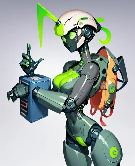 A robotic suit, an iron armor, female form, that conceals the entire body including the head, green and black trench coat, steel helmet with green eyes, pleasing to the eye, friendly