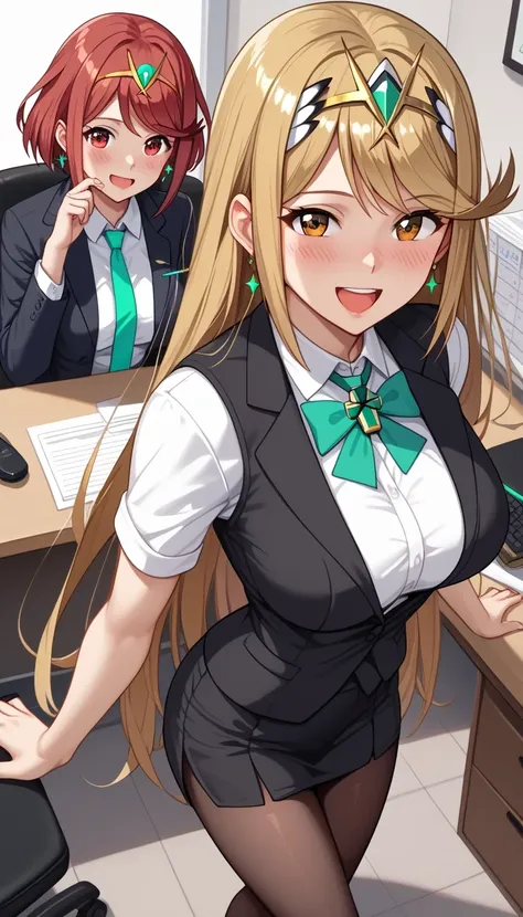 score_9, score_8_up, score_7_up, source_anime、top quality、8k、 masterpiece、ultra high definition、 natural light、perfect anatomy、 perfect eye、beautiful eyes、((((two women))))、medium breasts、saggy breasts:1.2、mythra, mythra has blonde very long hair, Pyra , P...