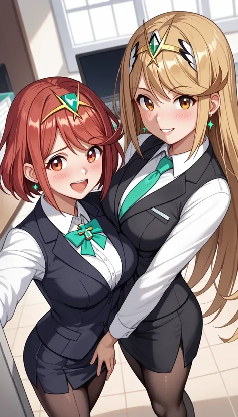 score_9, score_8_up, score_7_up, source_anime、top quality、8k、 masterpiece、ultra high definition、 natural light、perfect anatomy、 perfect eye、beautiful eyes、((((two women))))、medium breasts、saggy breasts:1.2、mythra, mythra has blonde very long hair, Pyra , P...