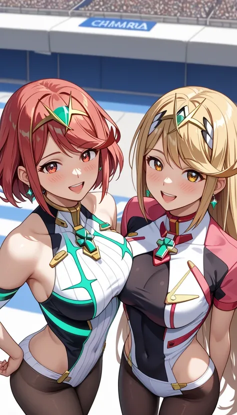 score_9, score_8_up, score_7_up, source_anime、top quality、8k、 masterpiece、ultra high definition、 natural light、perfect anatomy、 perfect eye、beautiful eyes、((((two women))))、medium breasts、saggy breasts:1.2、mythra, mythra has blonde very long hair, Pyra , P...