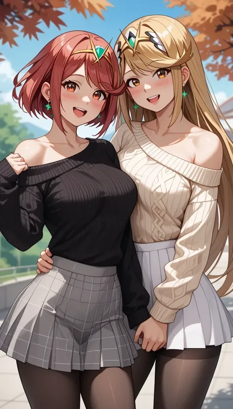 score_9, score_8_up, score_7_up, source_anime、top quality、8k、 masterpiece、ultra high definition、 natural light、perfect anatomy、 perfect eye、beautiful eyes、((((two women))))、medium breasts、saggy breasts:1.2、mythra, mythra has blonde very long hair, Pyra , P...