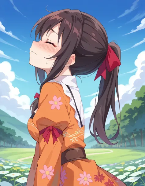 high image quality,high quality DVD、 
Yunyun、 (One person)、(solo)、black hair, She has her eyes closed、(red ribbon ponytail:1.2)、(orange dress with a floral pattern)、(embarrassed expression)、cover、blue sky、(ponytail)、and look diagonally from the side、(The e...