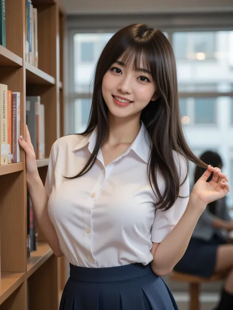 japanese cute idol, Japanese cute girl, kawaii, a pretty woman is posing at the school library , 1girl, solo, realistic, smile, school uniform, long hair, black hair, nsfw, masterpiece, best quality, hyper detailed, insanely detailed, 16k, japanese , c...