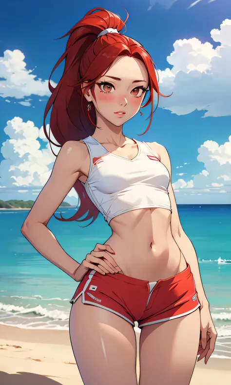 Masterpiece, high facial detail, a beautiful girl, asian, Shin Yuna, red hair, ponytail hair, brown eyes, blushing, half body, thin and tall, skinny girl, flat chest, abdomen, textured skin, nice legs, pose sexy, white top, red shorts, head on, detail on h...