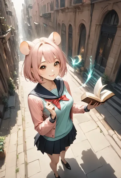 ( masterpiece, best quality:1.2), one woman, alone, standing, looking forward to the future, full body, From above,
hamster ears , short hair, Light pink hair, ( bob hairstyle ), brown eyes, A cute hamster on the shoulder,
breaks down from work: Heal...