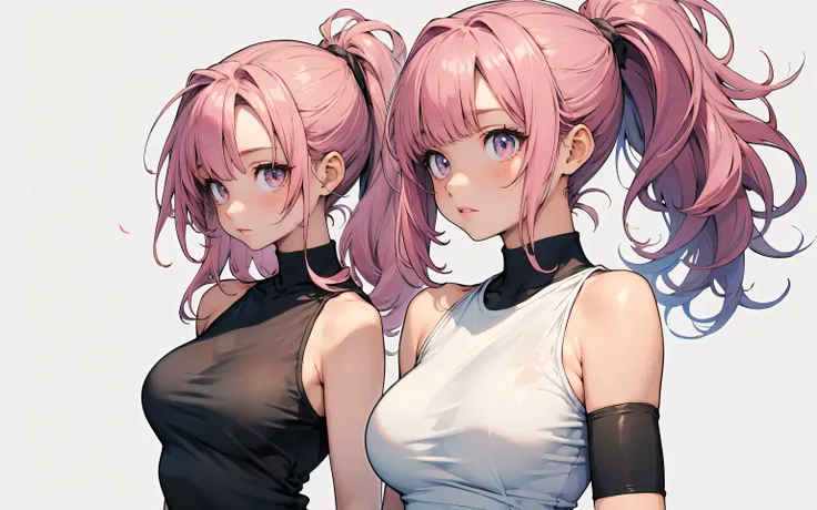 make a poster with an abstract watercolour background, side composition, 1 girl, extremely detailed face and eyes, long wavy messy pink hair in a ponytail, very tight sleeveless halter shirt,(medium sized round breasts:1.0), (tight shirt:1.3), (round breas...