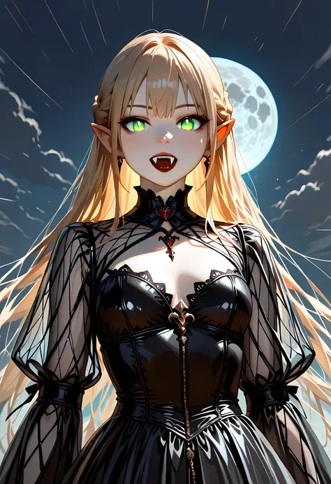 dark fantasy art, a picture of a fantasy, a beautiful female vampire, best detailed face, pale skin, blond hair, glowing eyes, emerald eyes, dark red lips, fangs, wearing black dress, (transparent voile fabric dress: 1.3), goth dress, small cleavage, intr...