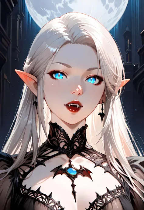 dark fantasy art, a picture of a fantasy, a beautiful female vampire, best detailed face, pale skin, white hair, glowing eyes, blue eyes, dark red lips, fangs, wearing black dress, (transparent fabric dress: 1.3), goth dress, small cleavage, intricate dre...