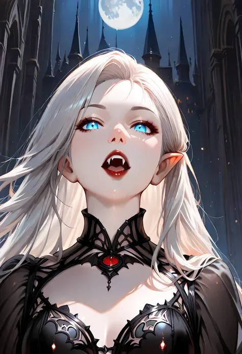 dark fantasy art, a picture of a fantasy, a beautiful female vampire, best detailed face, pale skin, white hair, glowing eyes, blue eyes, dark red lips, fangs, wearing black dress, (transparent fabric dress: 1.3), goth dress, small cleavage, intricate dre...