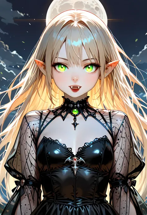 dark fantasy art, a picture of a fantasy, a beautiful female vampire, best detailed face, pale skin, blond hair, glowing eyes, emerald eyes, dark red lips, fangs, wearing black dress, (transparent voile fabric dress: 1.3), goth dress, small cleavage, intr...