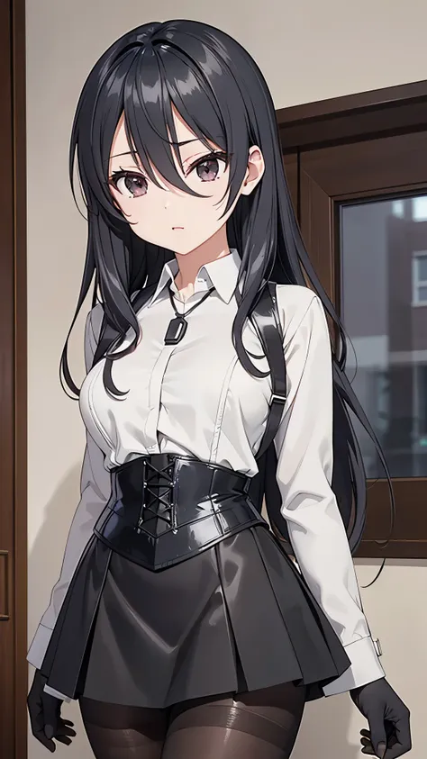 ((8K)), Ayano Kimishima, live quote , (black necklace surrounding her neck), (pantyhose), ((Base gray )), medium breasts, ((Base gray )), ( very high image quality ), (Fine and detailed eyes and detailed face:1.3), (extremely fine and beautiful:1.1), (perf...
