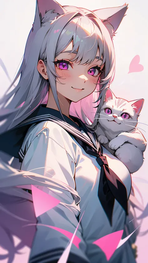 girl、sailor suit、long silver hair、Cat ears、pink eyes、evil smile、upper body close-up