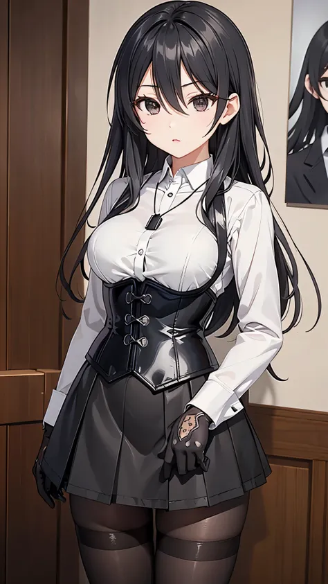 ((8K)), Ayano Kimishima, live quote , (black necklace surrounding her neck), (pantyhose), ((Base gray )), medium breasts, ((Base gray )), ( very high image quality ), (Fine and detailed eyes and detailed face:1.3), (extremely fine and beautiful:1.1), (perf...