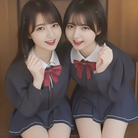 (masterpiece, best quality:1.2), High resolution, 1080P, 8K, 1girl, solo, (((Too beautiful Two zinomy noble lovely idols)) are seated on the viewer's leg and caressing the viewer together. Beautiful face looking down. All the girls are noble, neat, intelli...
