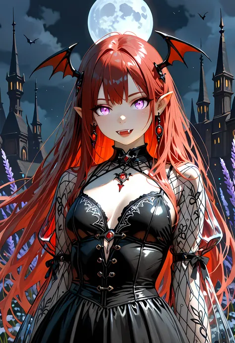 dark fantasy art, a picture of a fantasy, a beautiful female vampire, best detailed face,  pale skin, red hair, glowing eyes, lavender eyes, dark red lips, fangs, wearing black dress, (transparent voile fabric dress: 1.3), goth dress, small cleavage, intri...