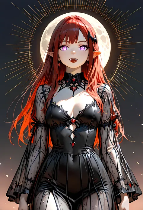 dark fantasy art, a picture of a fantasy, a beautiful female vampire, best detailed face,  pale skin, red hair, glowing eyes, lavender eyes, dark red lips, fangs, wearing black dress, (transparent voile fabric dress: 1.3), goth dress, small cleavage, intri...