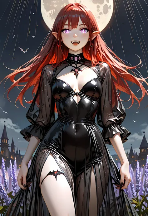 dark fantasy art, a picture of a fantasy, a beautiful female vampire, best detailed face,  pale skin, red hair, glowing eyes, lavender eyes, dark red lips, fangs, wearing black dress, (transparent voile fabric dress: 1.3), goth dress, small cleavage, intri...