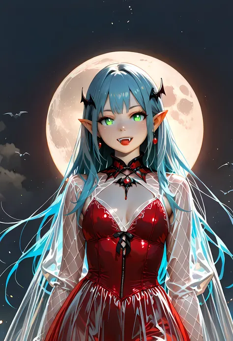 dark fantasy art, a picture of a fantasy, a beautiful female vampire, best detailed face, pale skin, blue hair, glowing eyes, emerald eyes, dark red lips, fangs, wearing red dress, (transparent voile fabric dress: 1.3), goth dress, small cleavage, intrica...