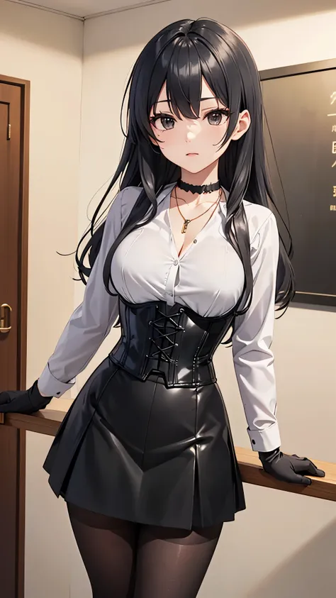 ((8K)), Ayano Kimishima, live quote , (black necklace surrounding her neck), (pantyhose), ((Base gray )), medium breasts, ((Base gray )), ( very high image quality ), (Fine and detailed eyes and detailed face:1.3), (extremely fine and beautiful:1.1), (perf...